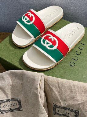 Authentic Gucci Agrado Slide Sandal CREAM RED GREEN Men's Size 6G 655461